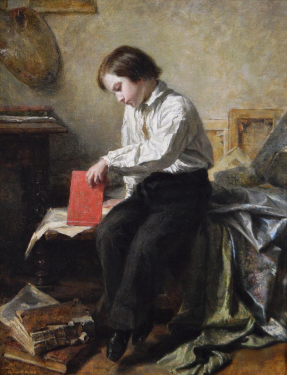 Genre oil painting of a boy in an attic by Pierre Édouard Frère