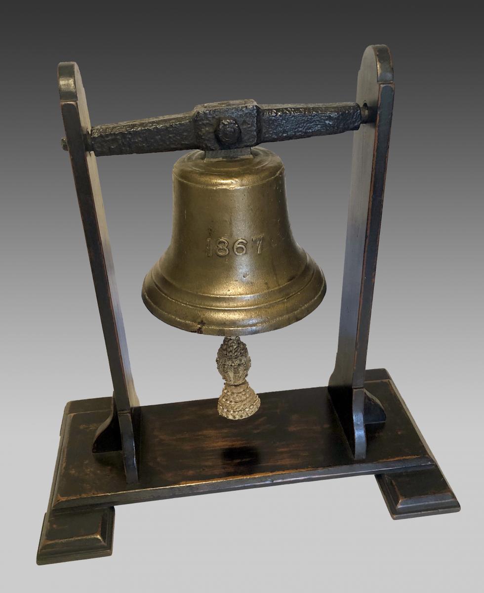 19th century cast bronze bell on stand