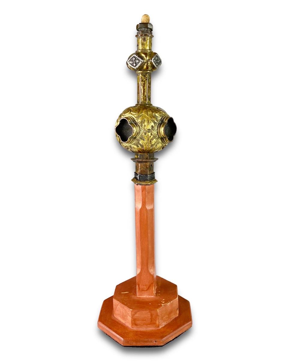 Copper gilt processional cross or chalice stem. Italian, late 15th century