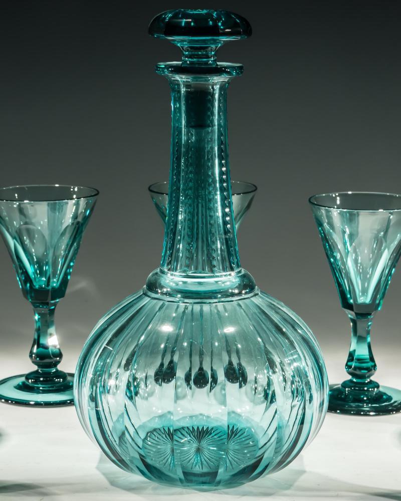 Green Globe Decanter with Nine Matching Glasses