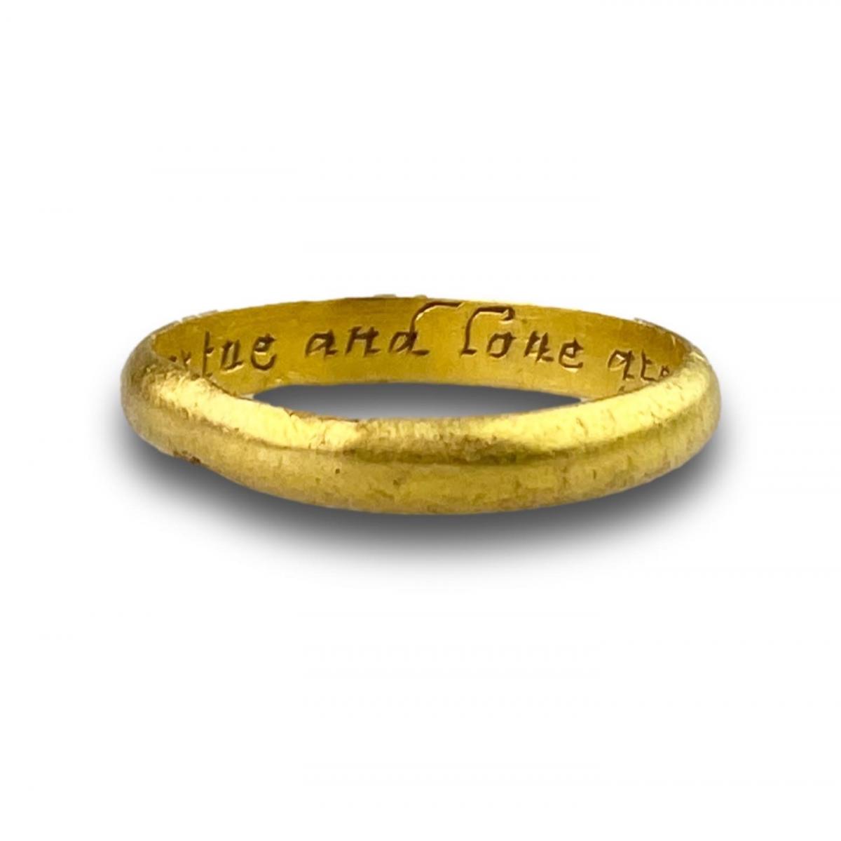 Gold posy ring ‘Vertue and love are from above’. English, 18th century