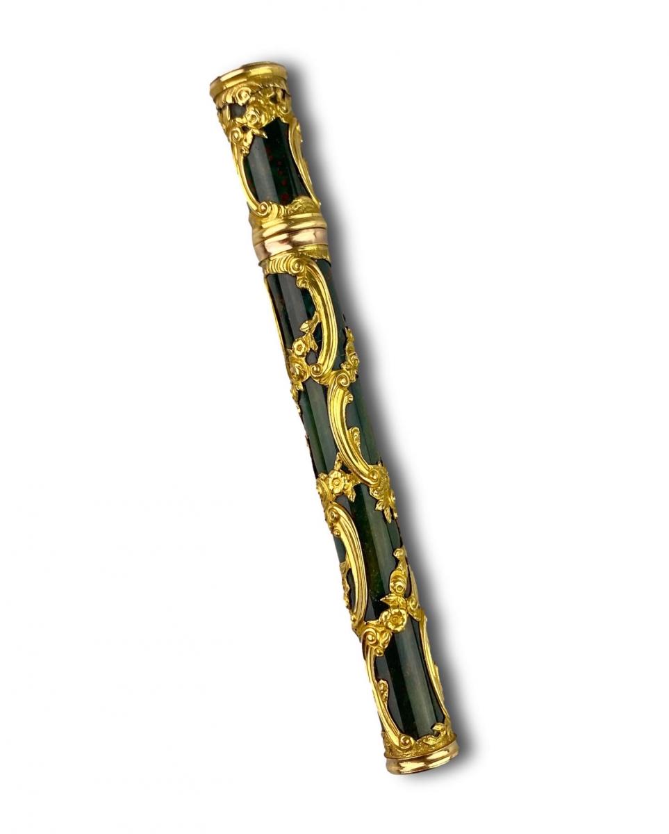 Gold mounted bloodstone needle case. English, third quarter of the 18th century