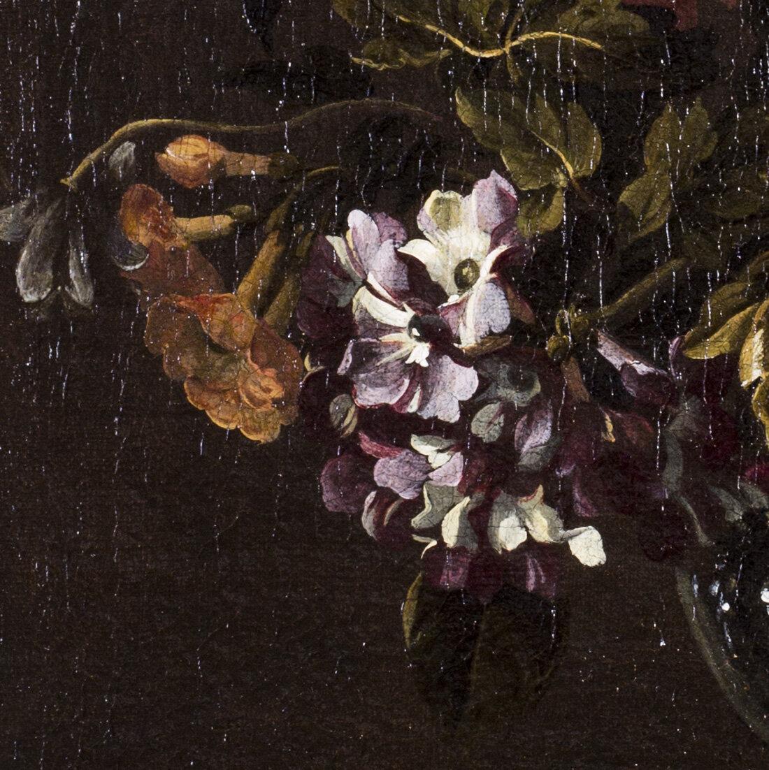 Flemish school, 17th Century, Narcissi and other Summer Blooms in a Glass Vase on a Ledge