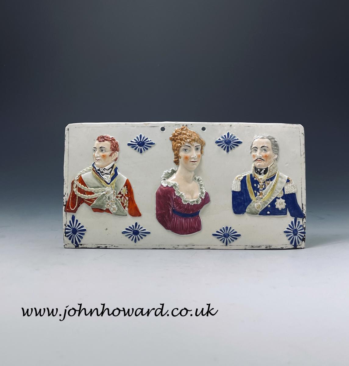 Rare pottery commemorative plaque with portraits of Wellington, Charlotte and Blucher Staffordshire circa 1815