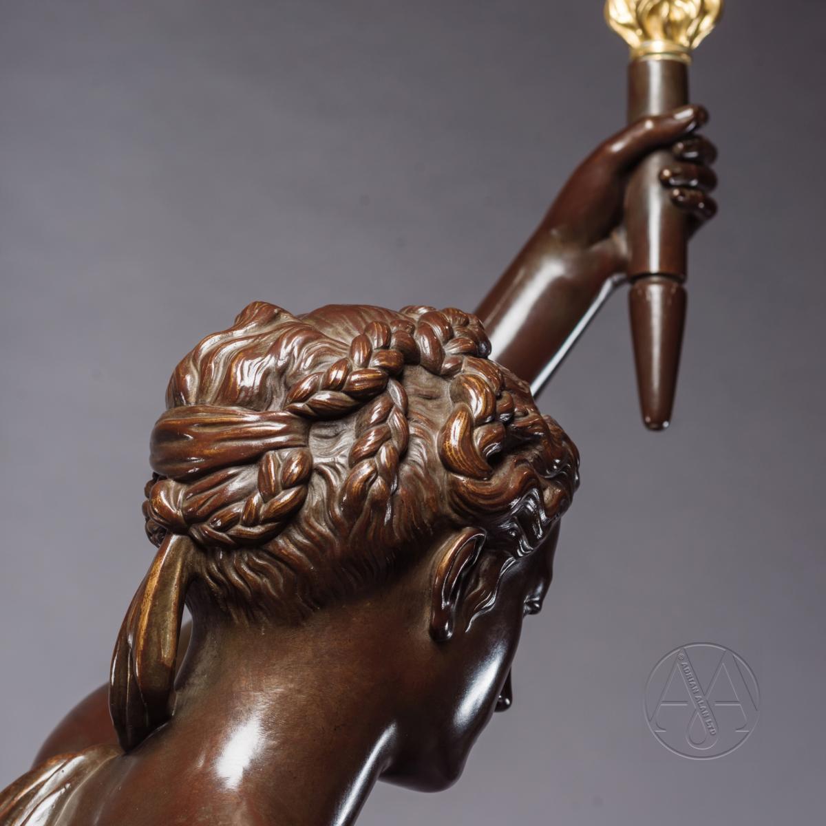 A Detail of a Patinated Bronze Figural Torchère Cast by Ferdinand  Barbedienne