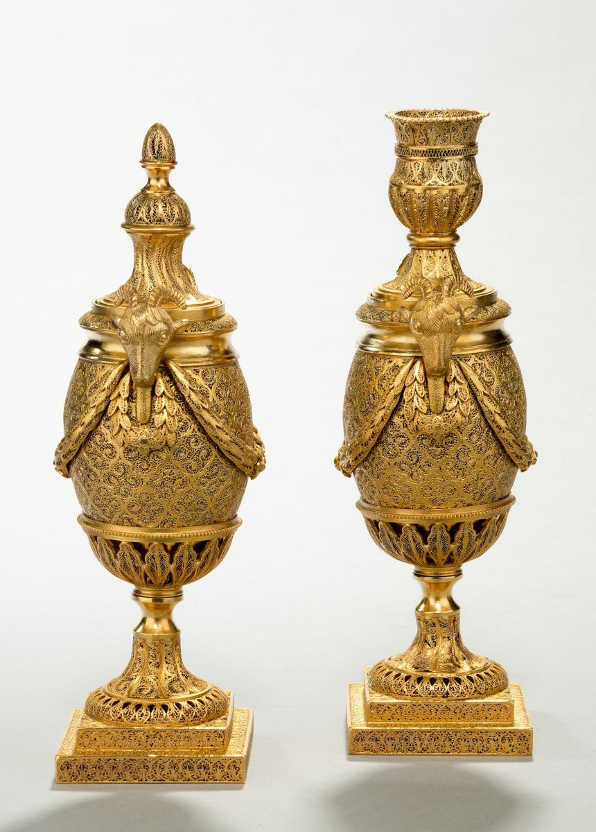 Pair of 18th century gilt Goats Head vases