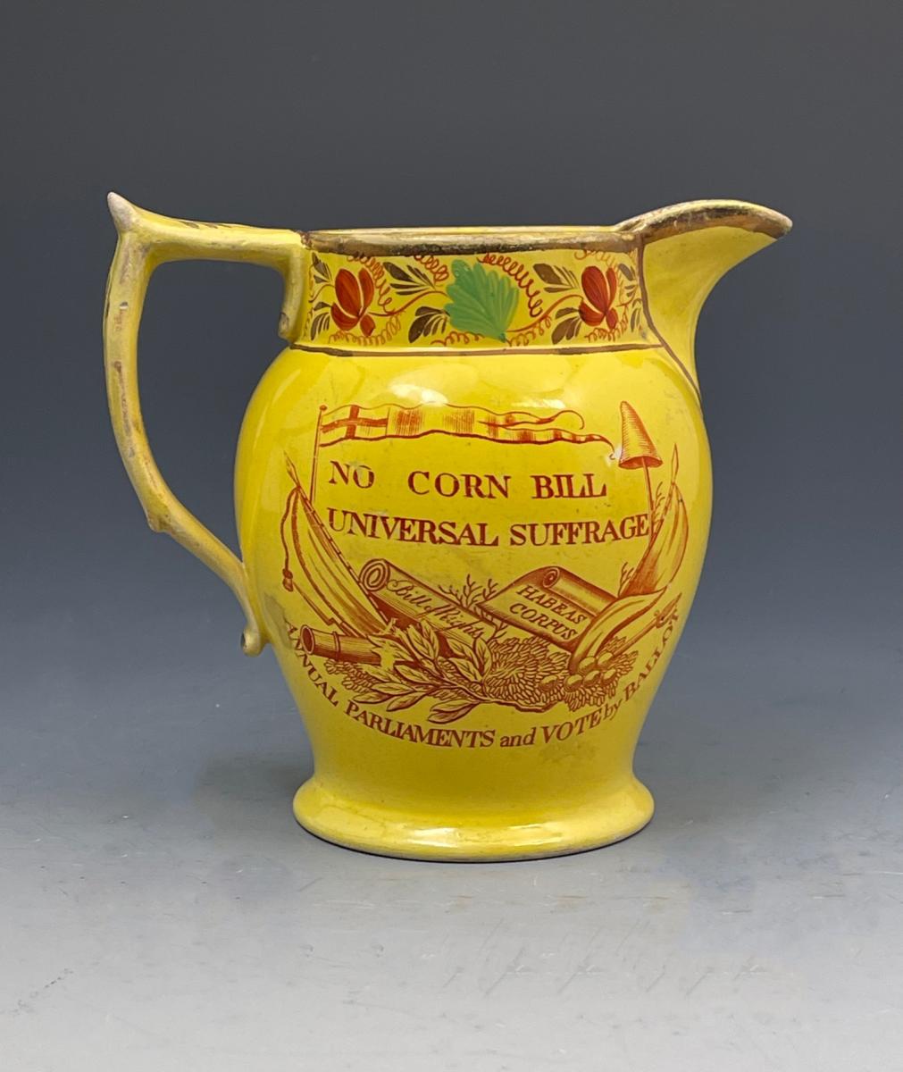 Yellow ground pottery commemorative jug related to the Peterloo Massacre in 1819