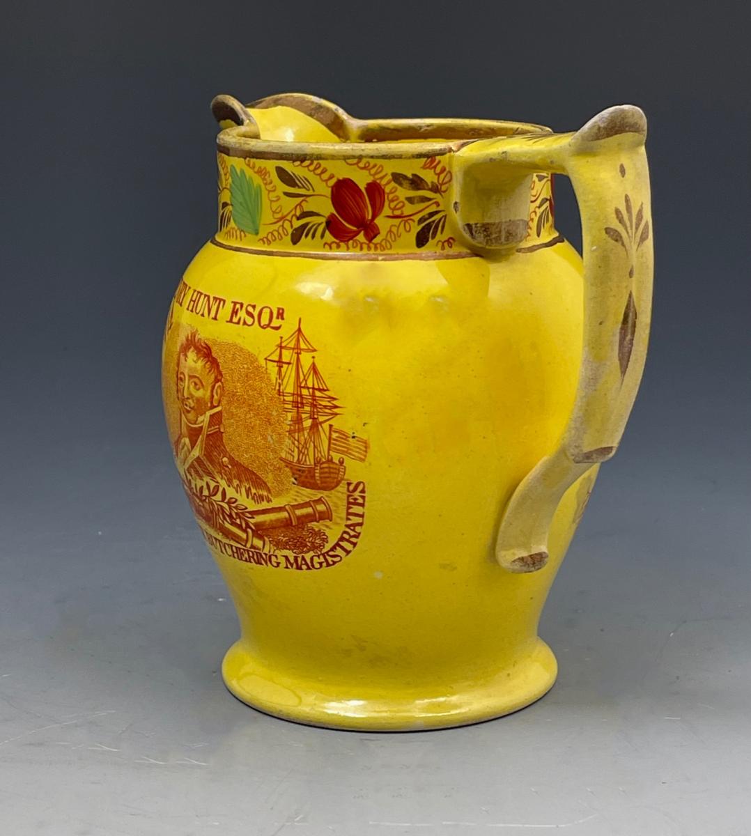 Yellow ground pottery commemorative jug related to the Peterloo Massacre in 1819