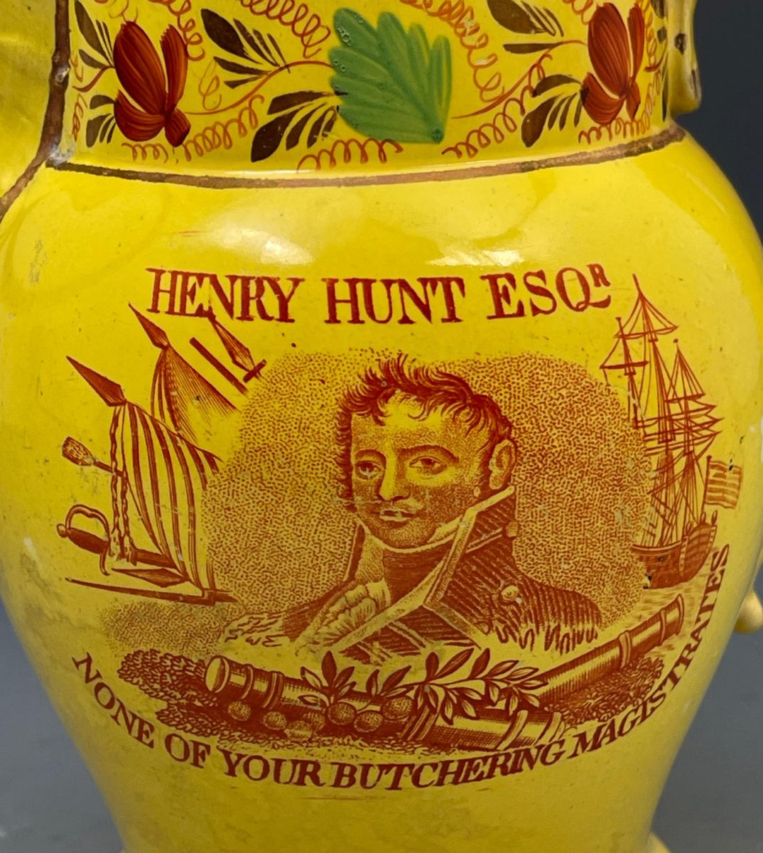 Yellow ground pottery commemorative jug related to the Peterloo Massacre in 1819