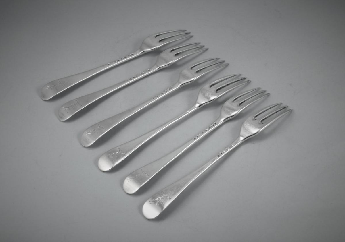 GEORGE III Set of Six Sterling Silver Hanoverian Three Pronged Table Forks. London 1763.