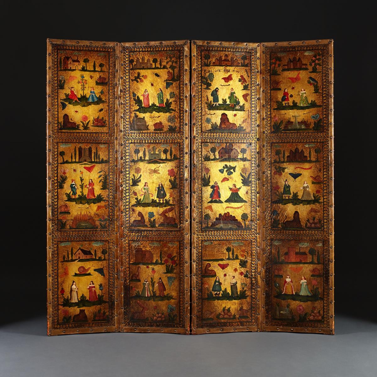 Folk Art Painted Leather Screen