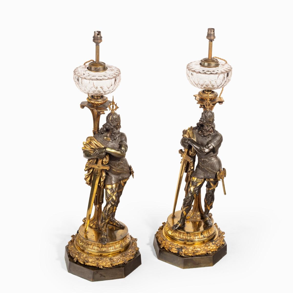 A very fine pair of mid-Victorian parcel gilt bronze oil lamps, by Hinks