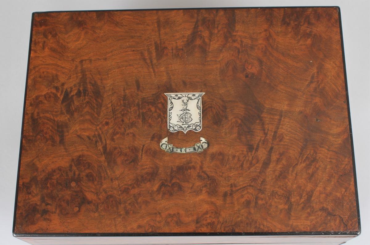 Victorian burr walnut and silver fitted dressing case by Parkins and Gotto, London