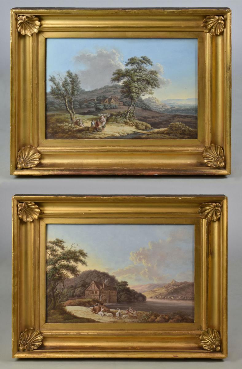 Pair Regency gouache paintings in original giltwood frames, c.1810