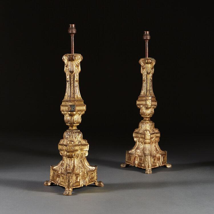 19th Century Gilt Repoussé Candlesticks as Lamps