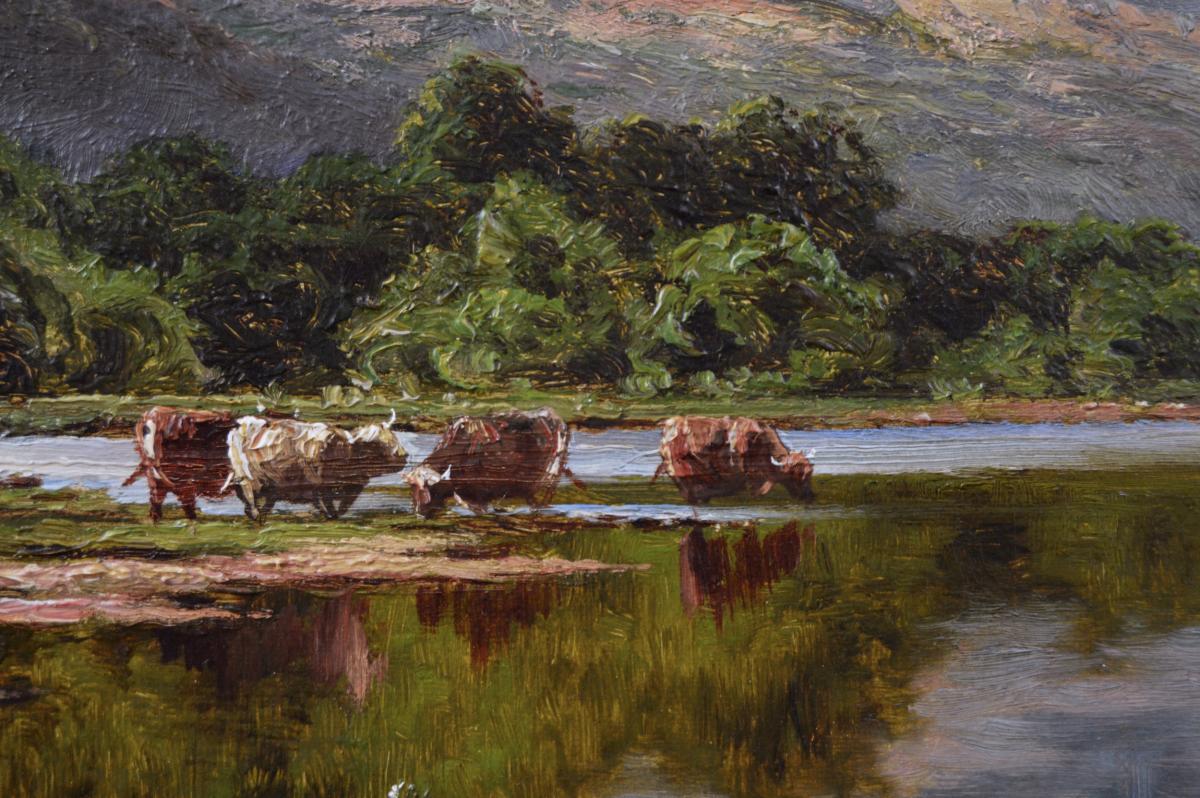 Highland landscape oil painting of cattle at Loch Katrine by Henry Deacon Hillier