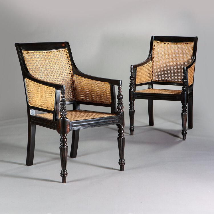 Pair of Anglo Indian Regency Style Ebony Library Chairs