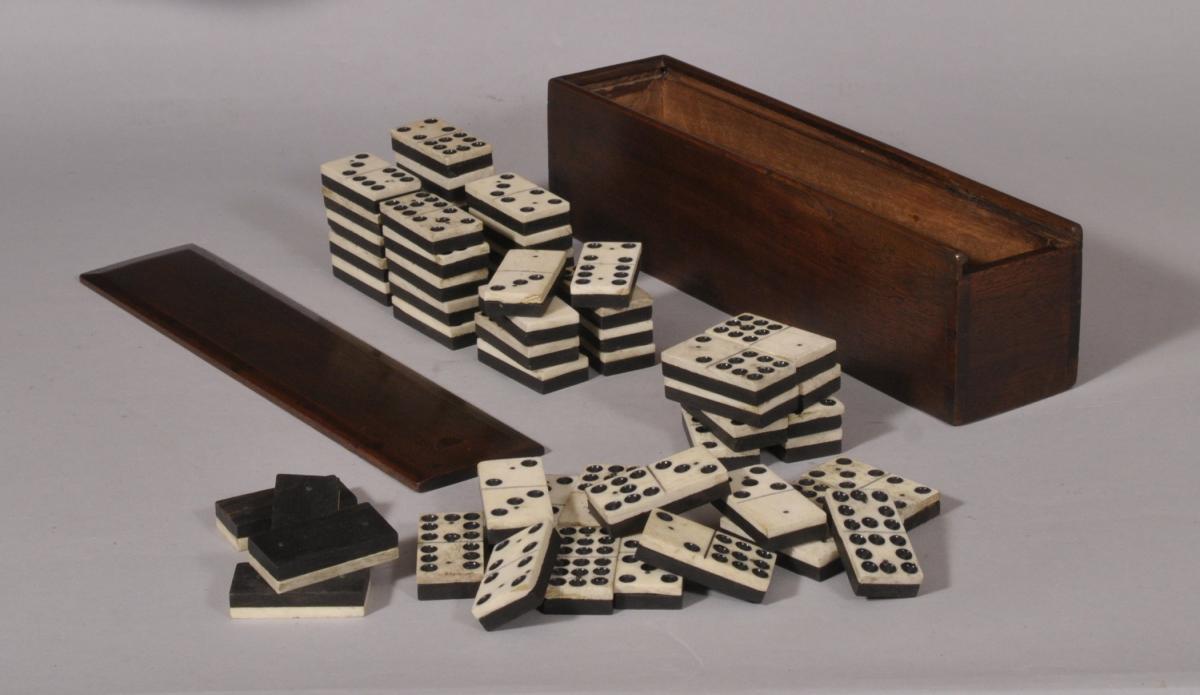 S/4697 Antique Treen Late Victorian Jaques Set of 55 Bone and Ebony Dominoes in a Mahogany Box