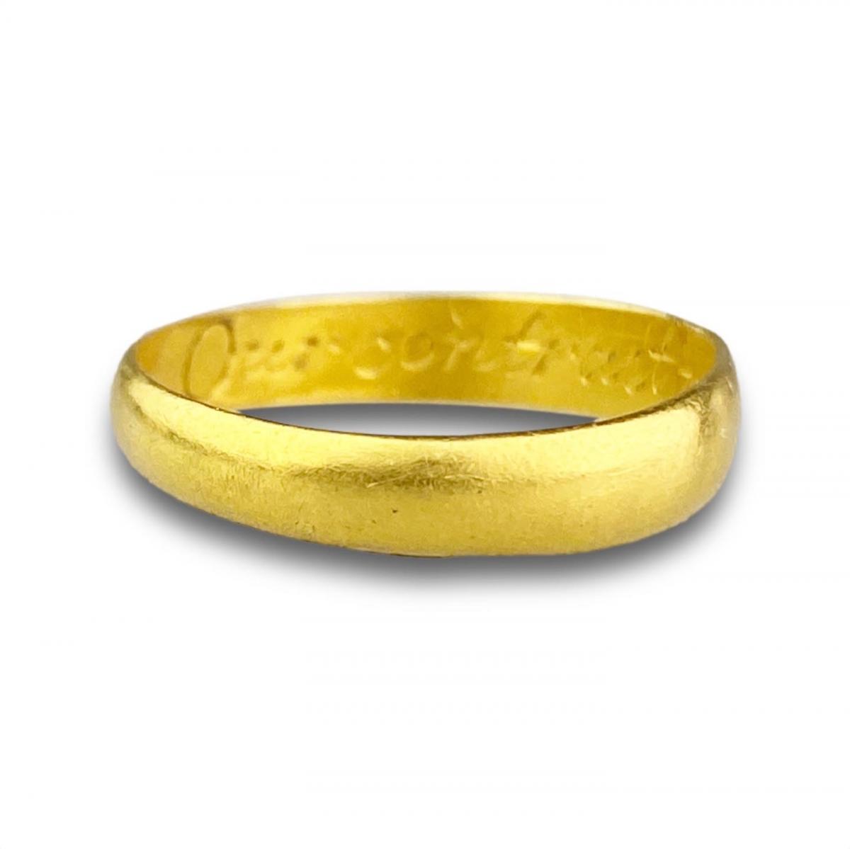 Gold posy ring ‘Our contract was heavens act’. English, 18th century