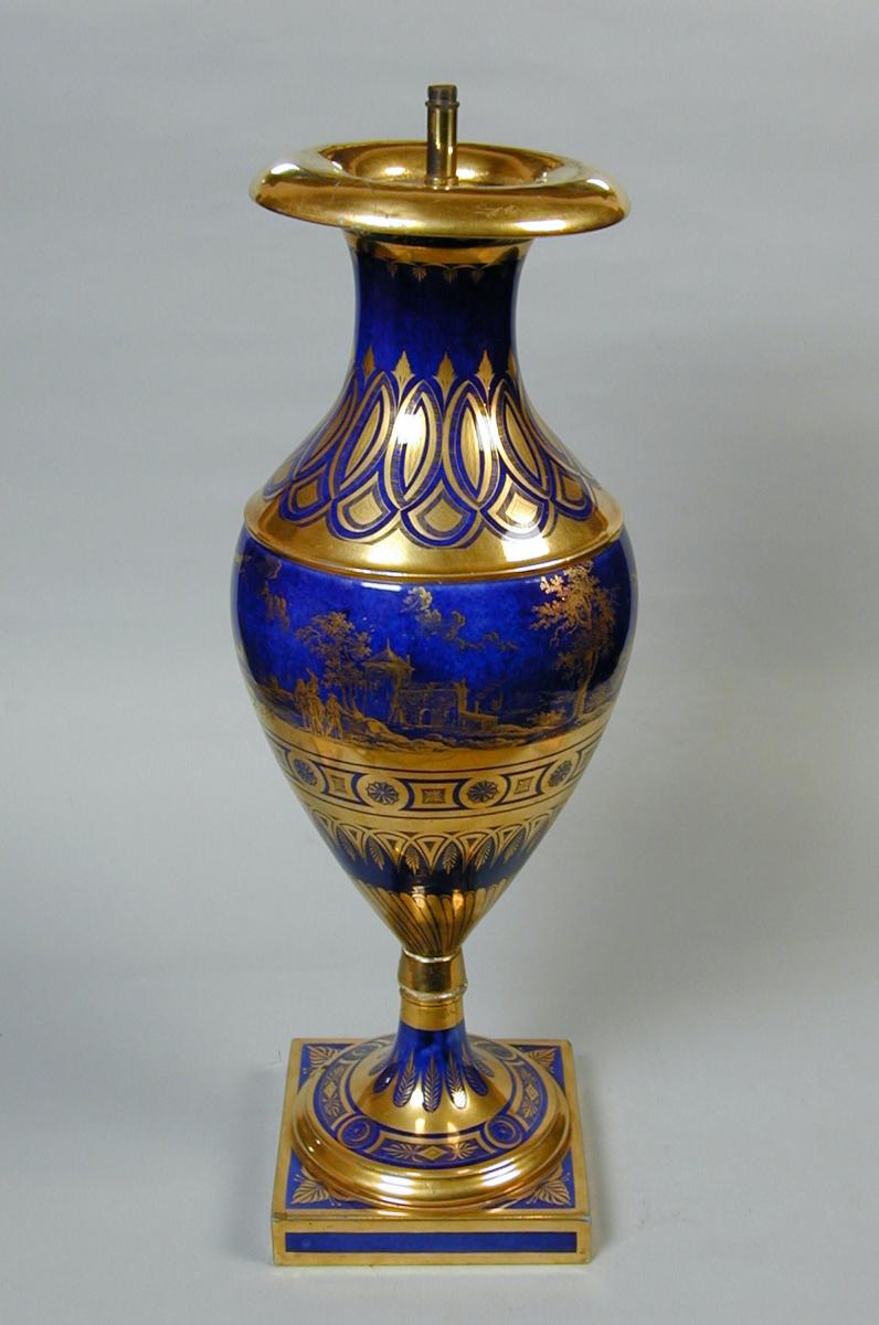 Paris blue ground lamp vase with gilt decoration, c.1810