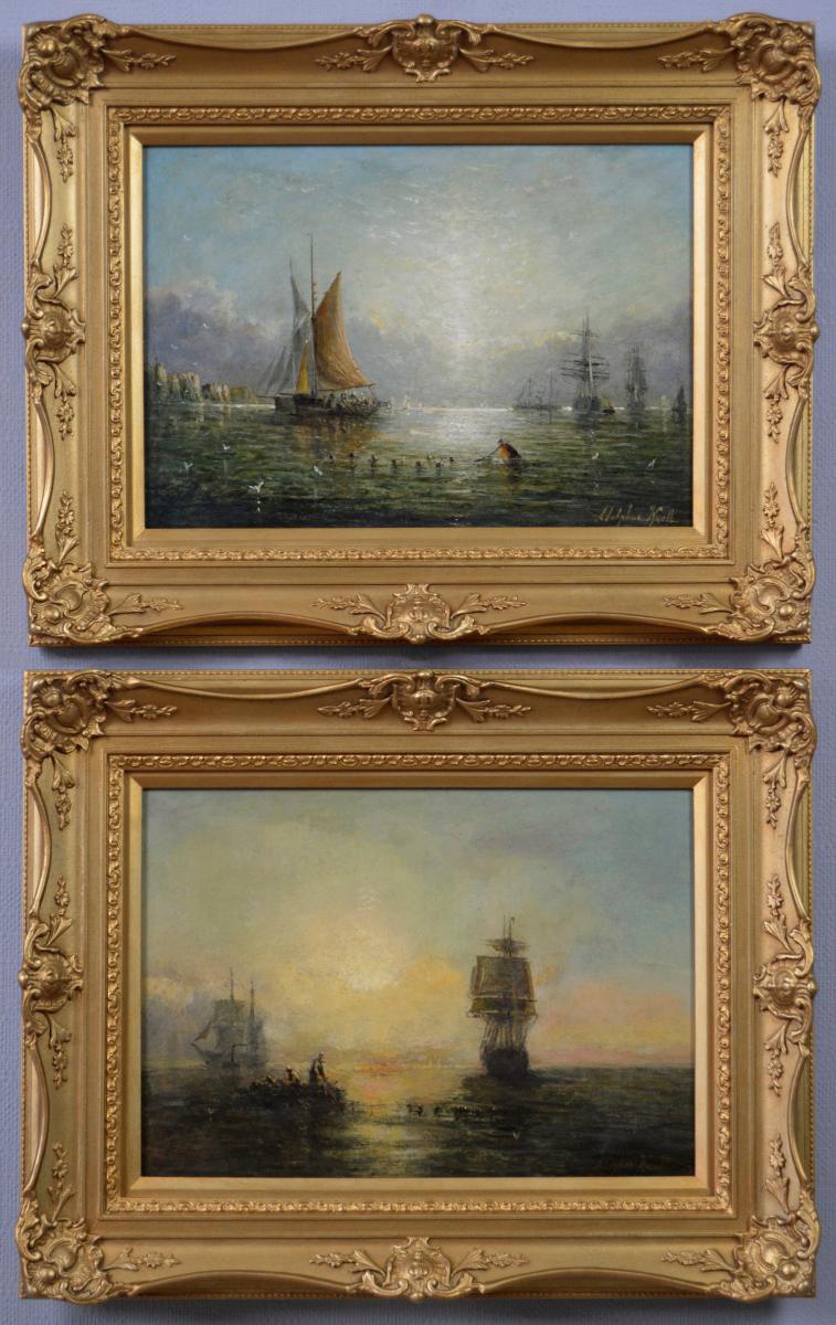 Pair of seascape oil paintings of ships & fishing boats by Adolphus Knell