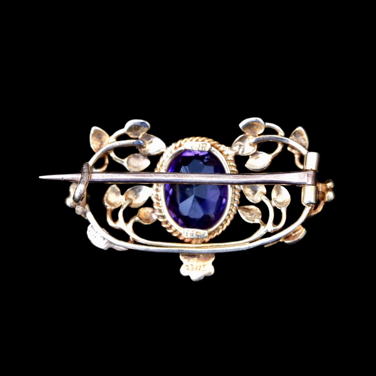 Jessie King gold and amethyst art nouveau small brooch reverse