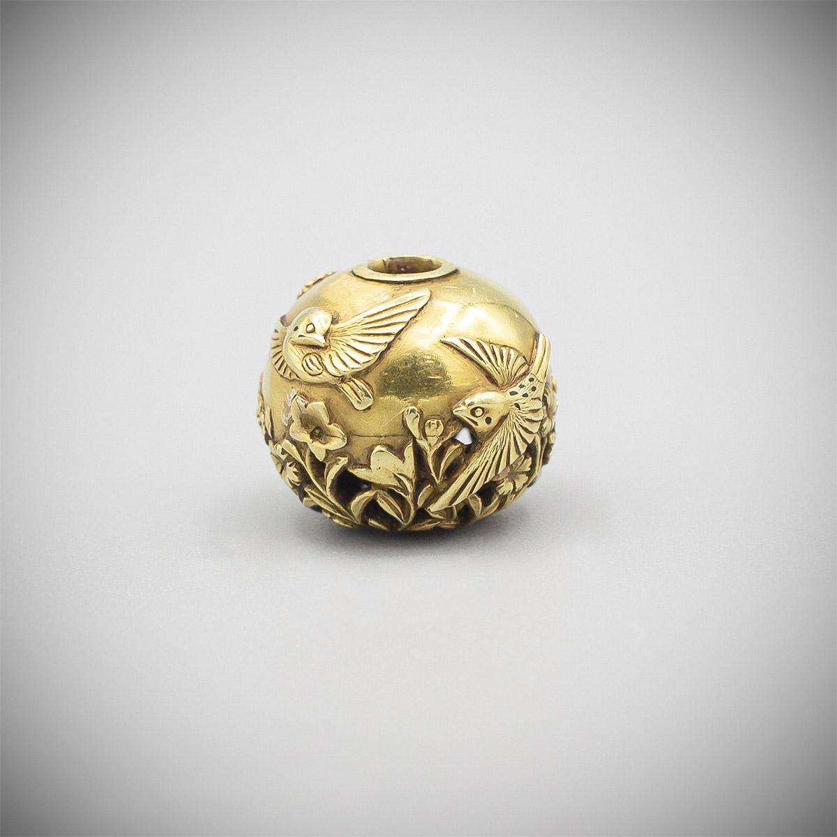 Carved Gold Ojime with Birds and Flowers by Masanaga