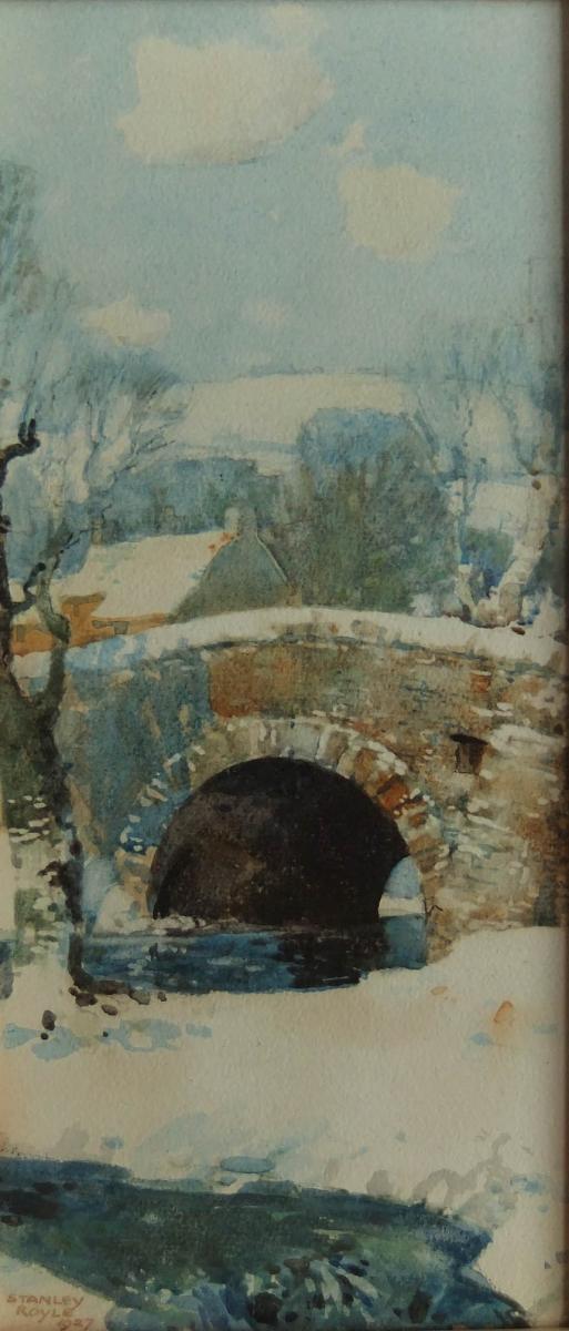 Stanley Royle "The Sportsman" and "The Bridge in Winter" pair watercolours