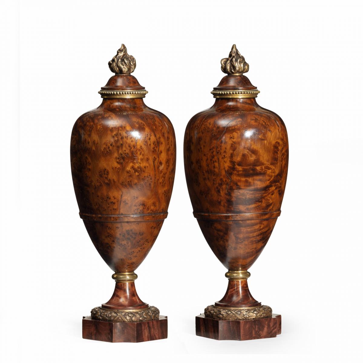 A pair of Napoleon III Moroccan burr thoya wood urns