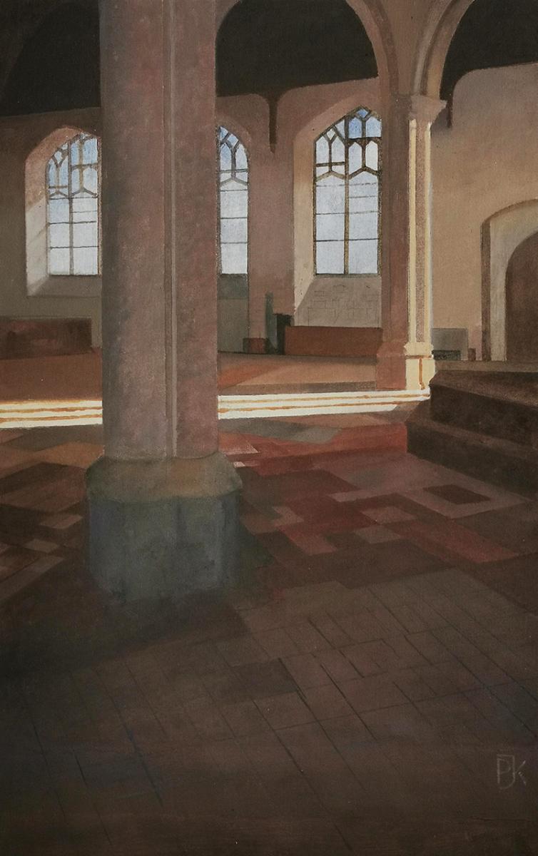 Sunlight in Blythburgh Church, Suffolk by Peter Kelly NEAC RBA (1931 – 2019) 