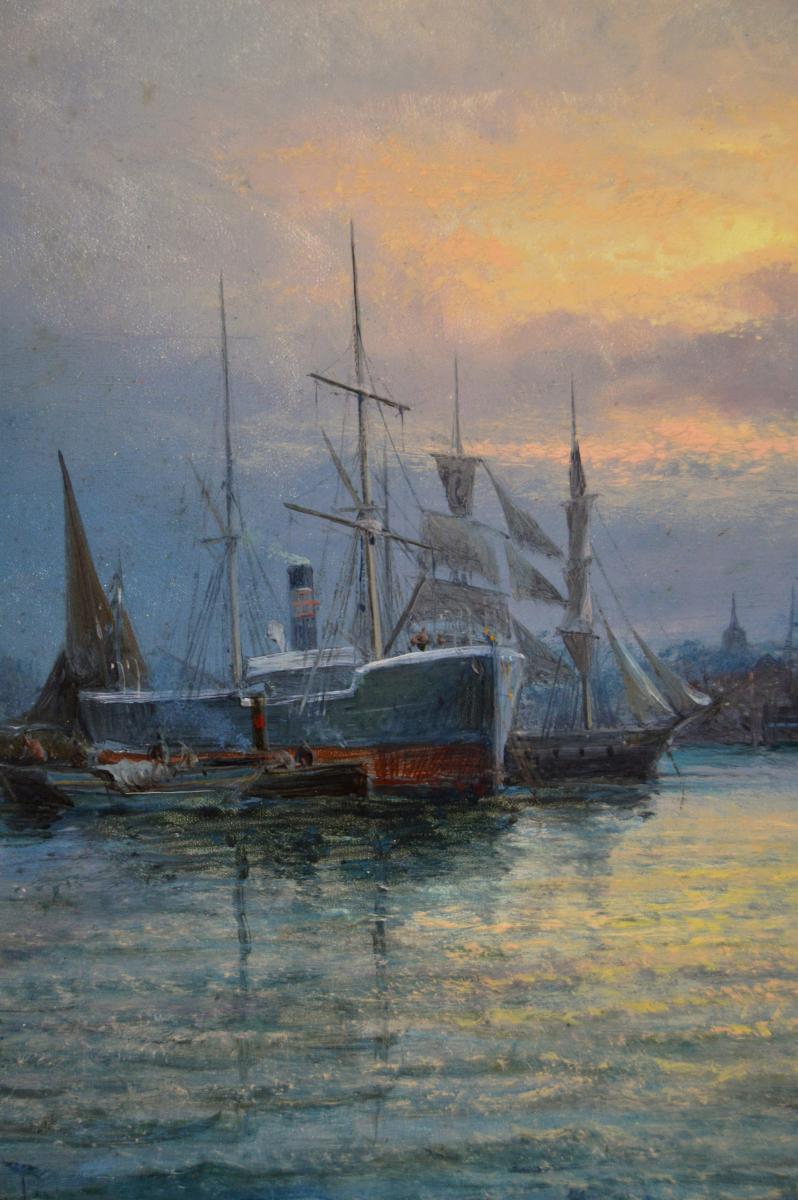 Pair of seascape oil paintings of shipping on the Medway by William Thornley