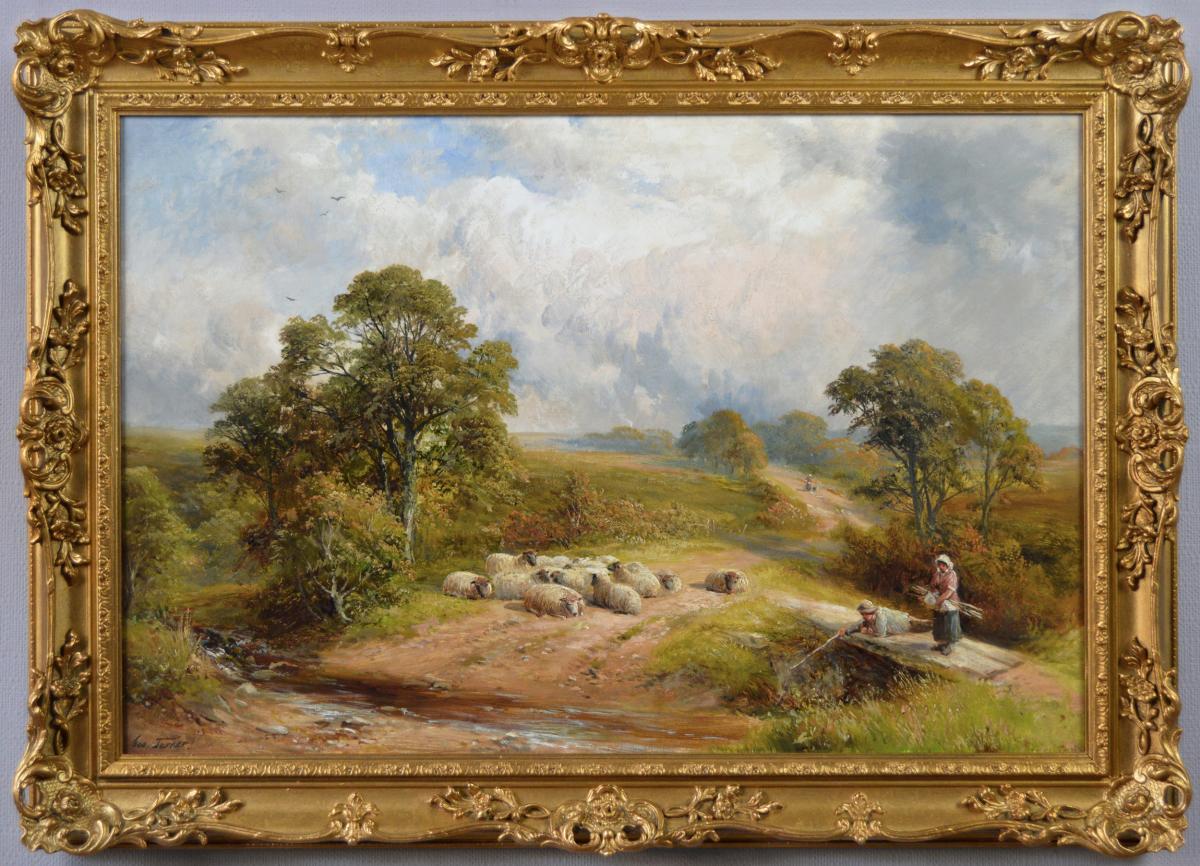 Landscape oil painting of figures by a Derbyshire brook by George Turner