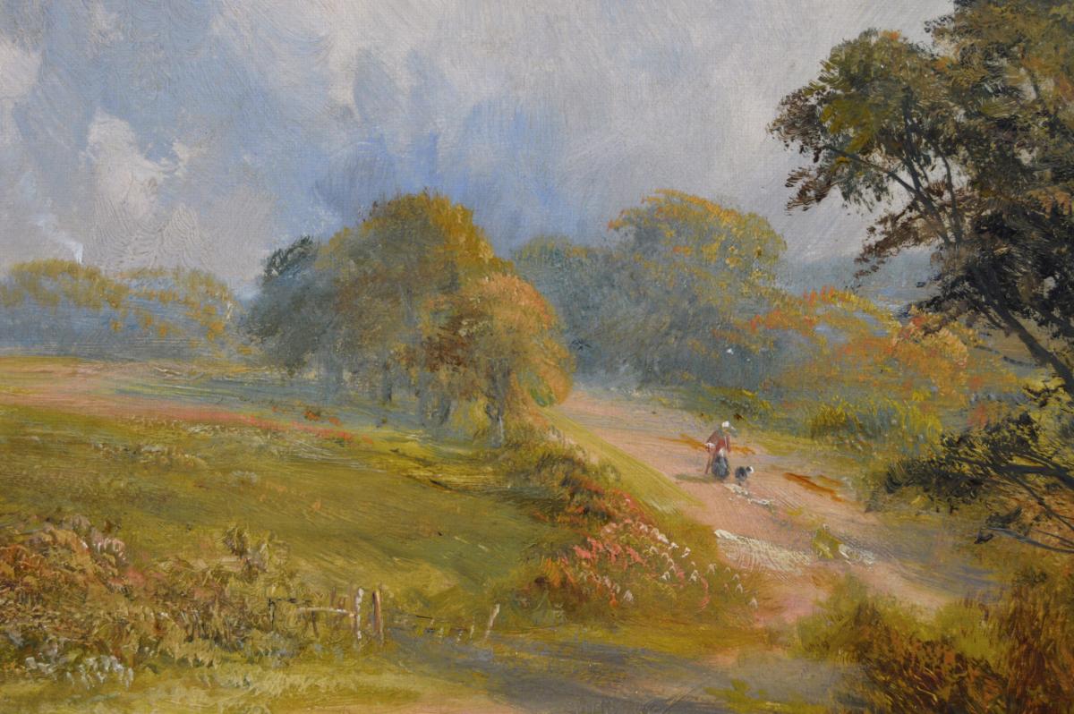 Landscape oil painting of figures by a Derbyshire brook by George Turner