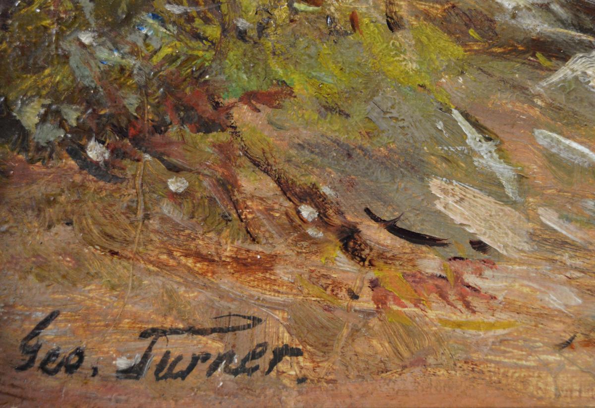 Landscape oil painting of figures by a Derbyshire brook by George Turner