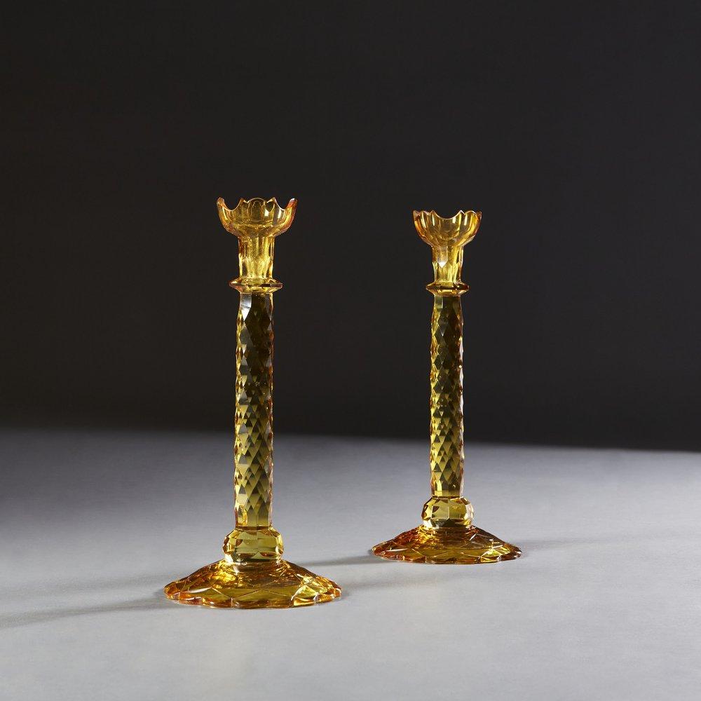 Pair of Amber Cut Glass Candlesticks