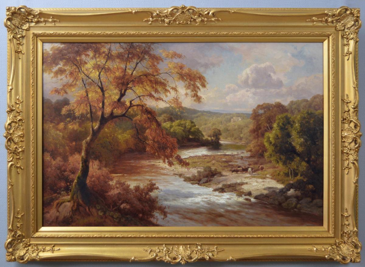 River landscape oil painting of Barden Tower on the Wharfe, Yorkshire by Edward Henry Holder