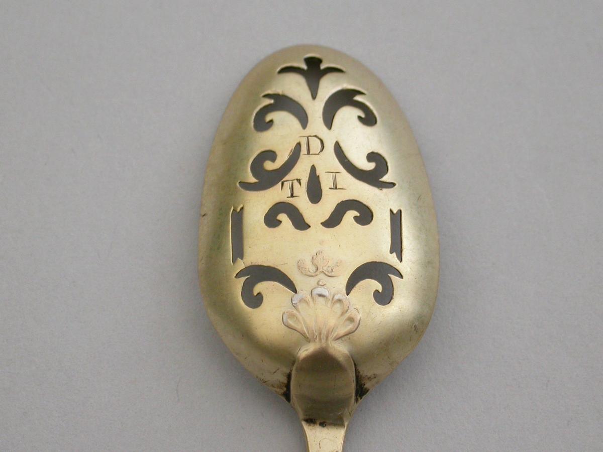 George II Silver Gilt Shell Back Mote Spoon