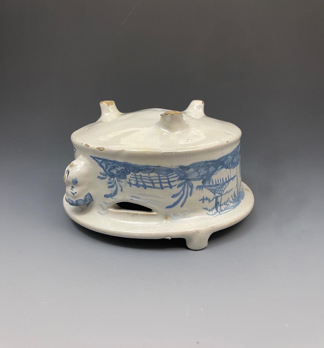 Delftware pottery blue and white food or plate warmer dated 1787