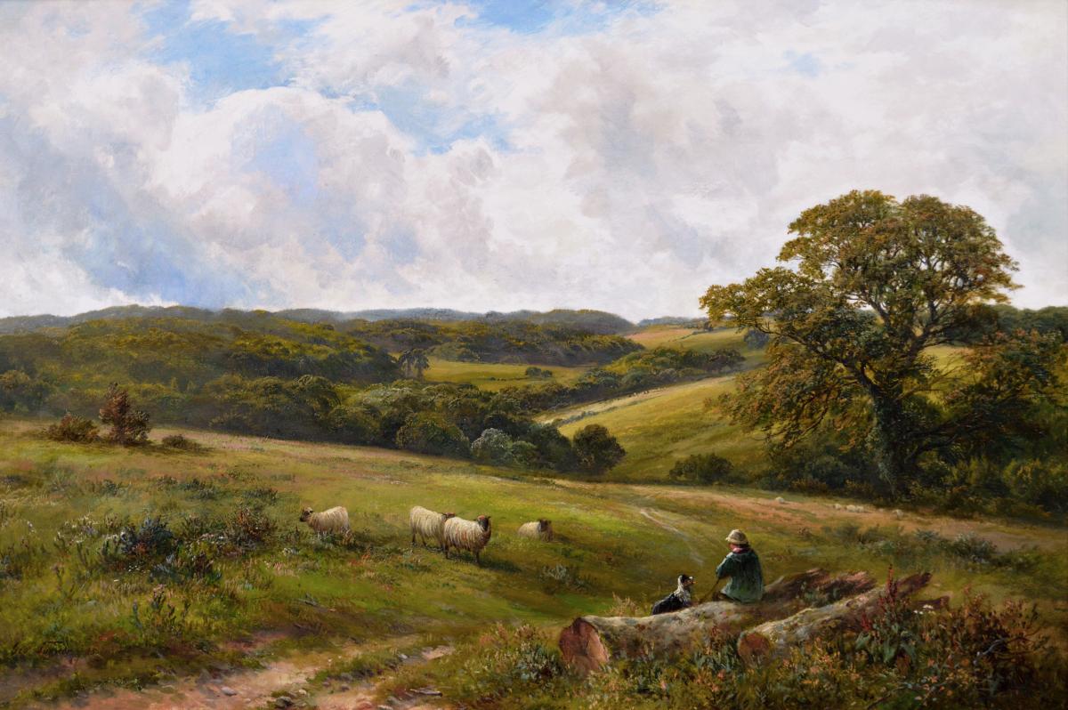 Landscape oil painting of a shepherd & sheep near a Derbyshire wood by George Turner