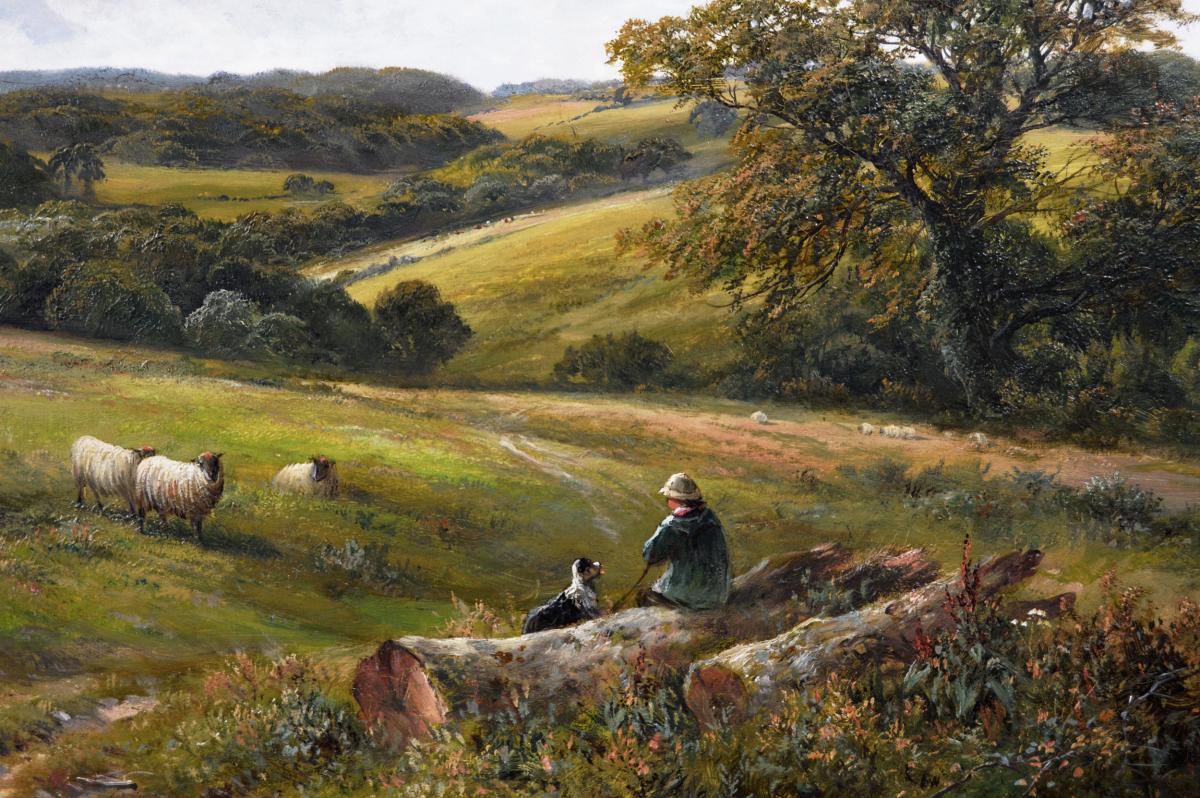 Landscape oil painting of a shepherd & sheep near a Derbyshire wood by George Turner