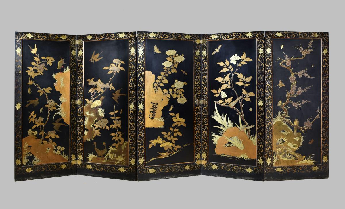 An English Regency double sided black lacquer screen, c.1810