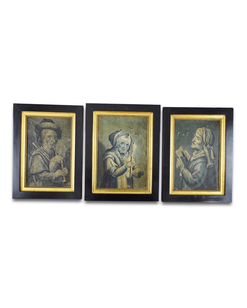 Three grisaille paintings on leather of theatrical figures. French, 18th century