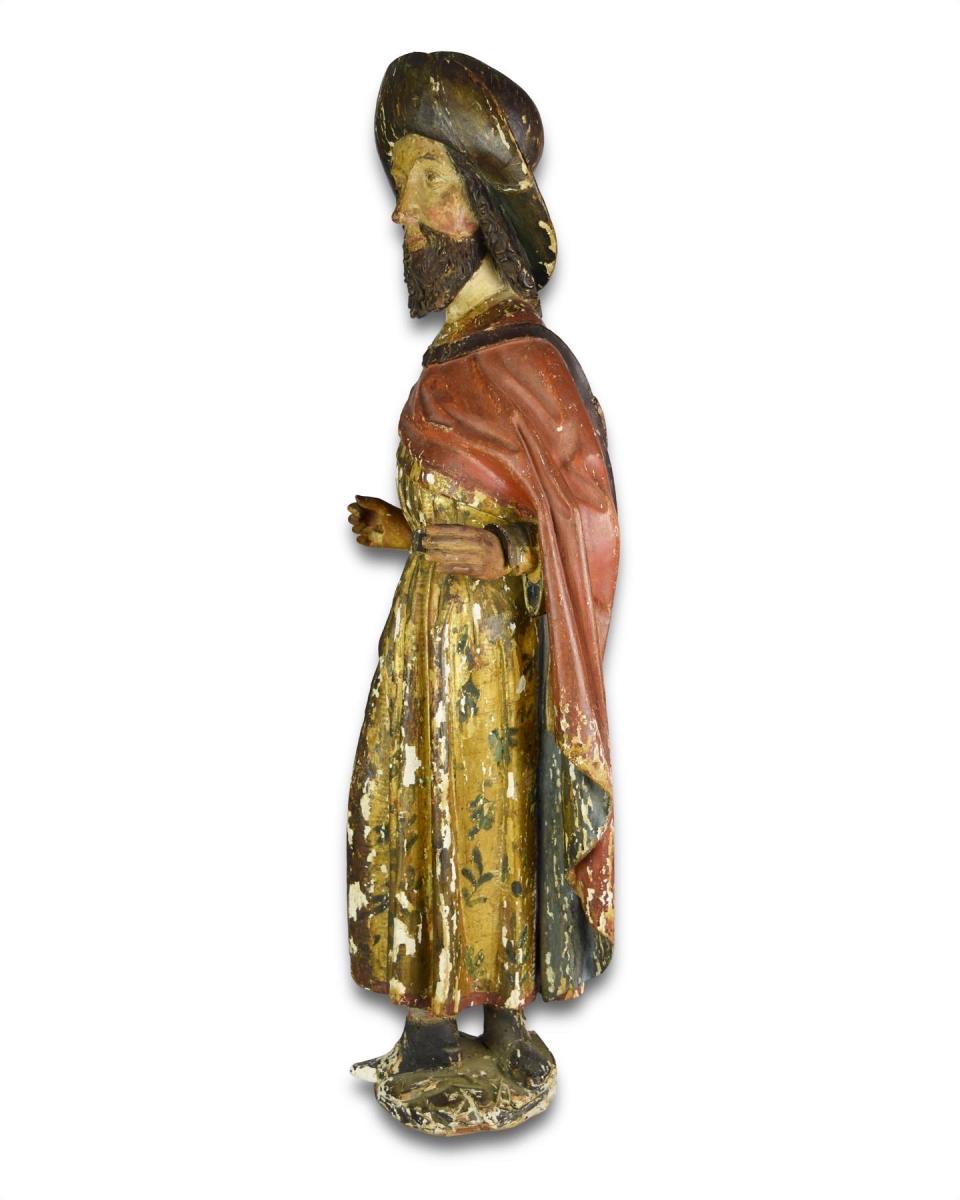 Polychromed limewood sculpture of a pilgrim Saint. Southern Germany, c.1500