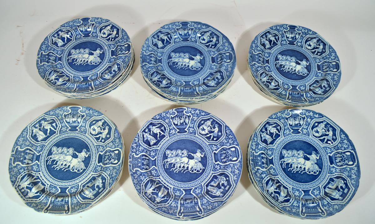 Spode Pottery Neo-classical Greek Pattern Blue Set of Dinner Plates,  Thirty-Three (33) plates  Zeus in His Chariot,  Early-19th Century 