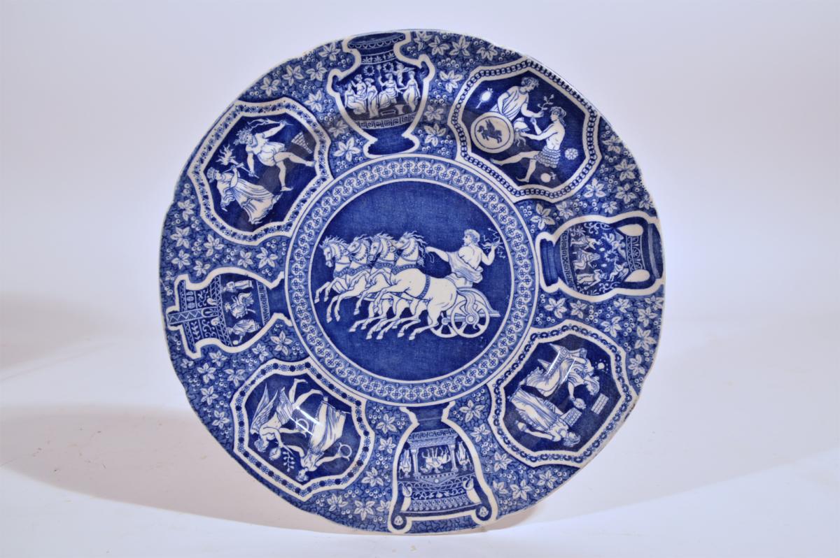 Spode Pottery Neo-classical Greek Pattern Blue Set of Dinner Plates,  Thirty-Three (33) plates  Zeus in His Chariot,  Early-19th Century 