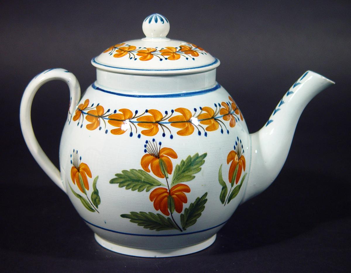 Pearlware Teapot with Orange Flowers, Circa 1810-20