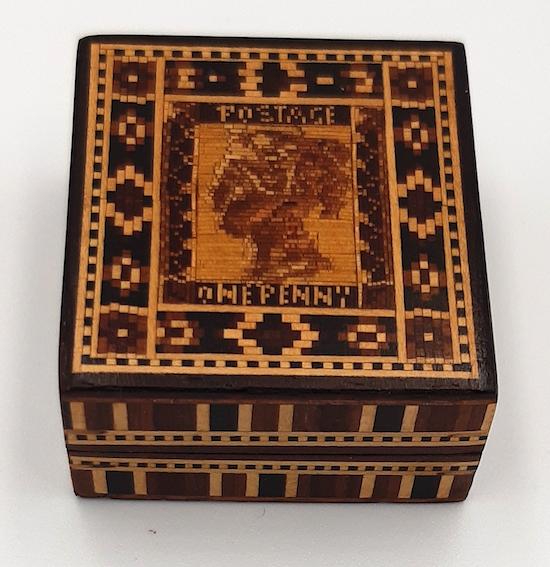 Tunbridge Ware Stamp box with 1d postage in mosaic
