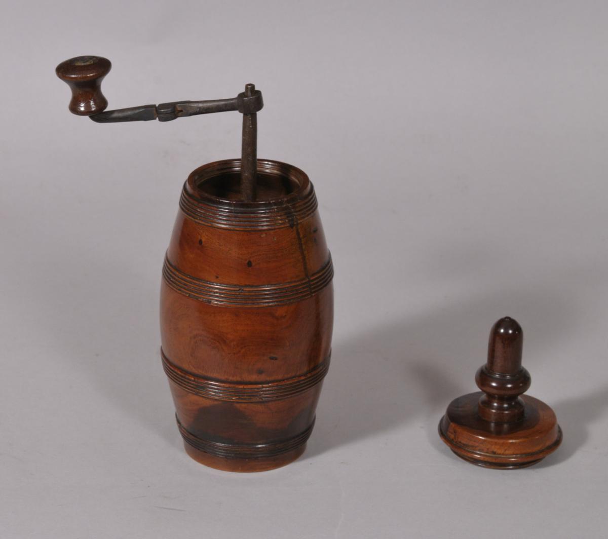 S/4786 Antique Treen 18th Century Barrel Shaped Lignum Vitae Coffee Grinder