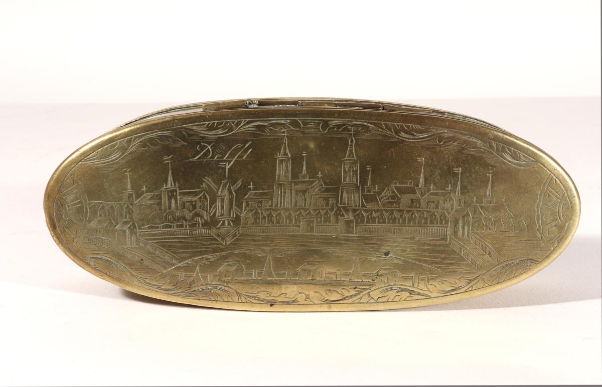 Dutch Brass Tobacco Box Depicting the City of Delft,  Circa 1760