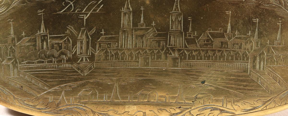 Dutch Brass Tobacco Box Depicting the City of Delft,  Circa 1760